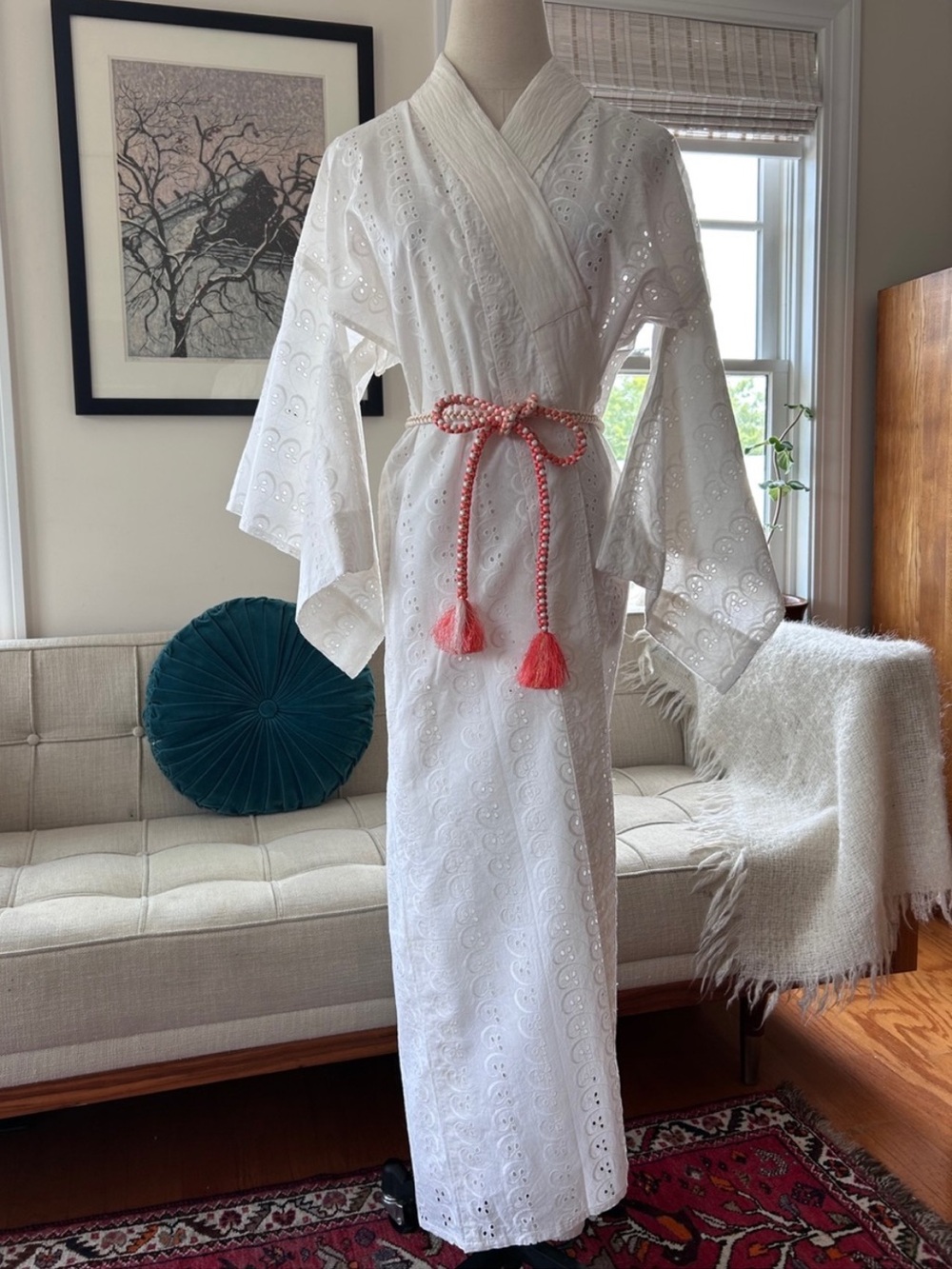 White Cotton Eyelet Nagajuban Kimono with Silk Obijime Waist Cord - Picture 2 of 8